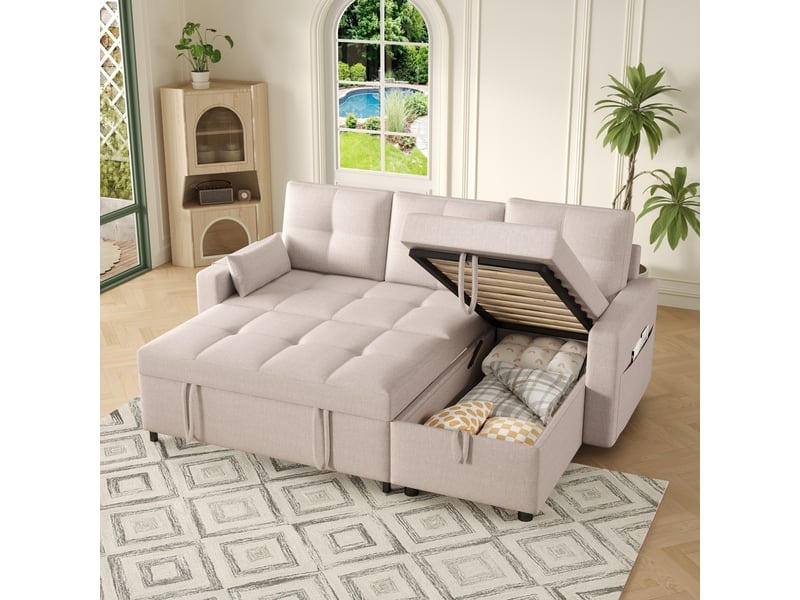  Canapé d'angle en forme de l convertible, doté d'un espace de rangement intégré et d'un porte-gobelet rabattable ; adapté aux salons et aux espaces similaires-beige  - Conforama R