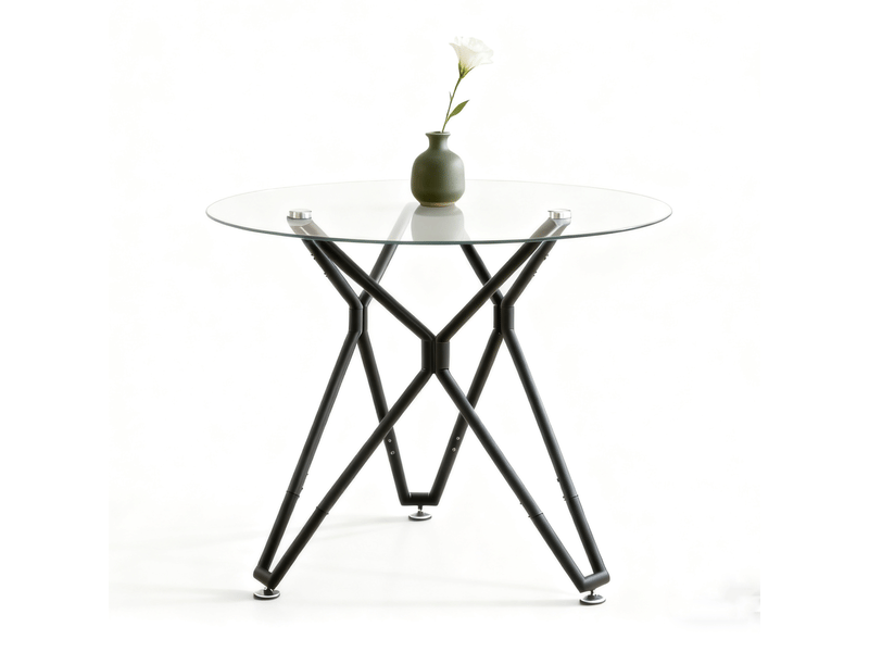 Table à manger ronde 1 à 4 places gain de place - lpospi - pieds réglables, verre trempé et métal noir, 90 × 90 × 78 cm - Conforama E