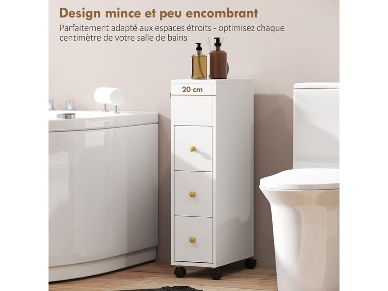  Meuble de salle de bain à roulettes, meuble de rangement étroit, 3 tiroirs, 5 compartiments ouverts, blanc,  20x40x80cm  - Conforama W