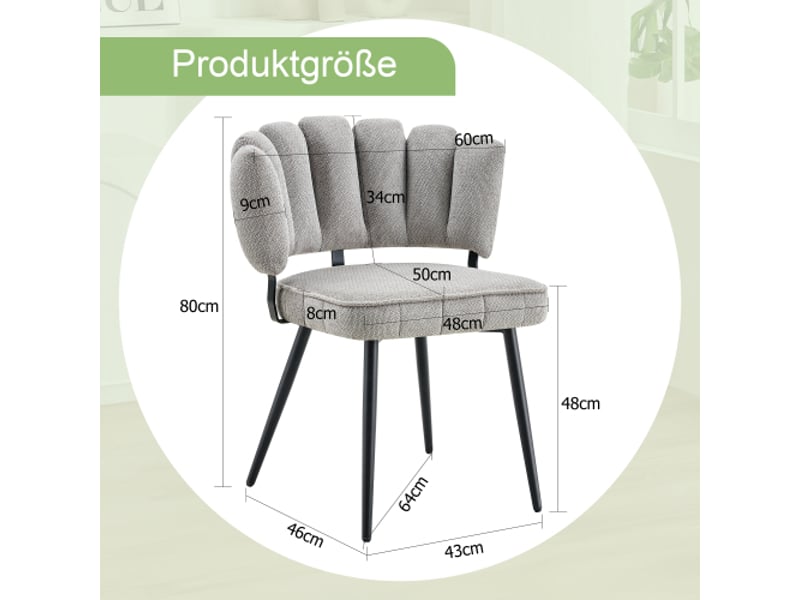  2 chaises de salle à manger minimalistes européennes, dossier fleur, velours gris clair, pieds métal noirs, hauteur 80 cm  - Conforama C
