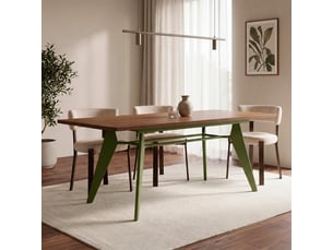 Table à manger extensible 140180cm pieds métal kaki et plateau finition noyer meloe