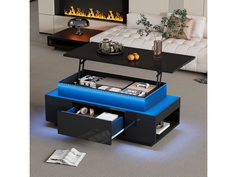  Table basse relevable noire brillante avec rangement caché, 96x45x40 cm, éclairage led intégré pour salon et bureau  - Conforama C