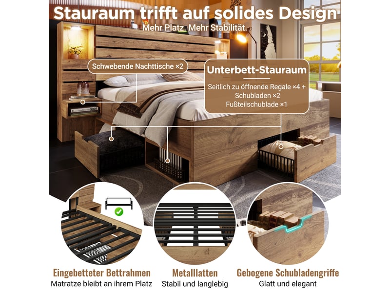  Lit coffre double 180x200 cm avec chevets suspendus, spots led, usb et usb-c, 3 tiroirs, 4 niches de rangement, mdf et métal, chêne OMNIGLINT TRADING LTD - Conforama E