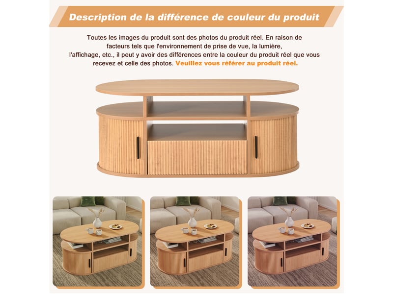  Table basse ovale 100x50x40 cm avec tiroir et portes, finition aspect bois clair naturel  - Conforama W