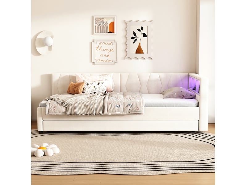  Lit enfant 90x200 cm (gigogne 90x190 cm) gain de place led couleur usb et type‑c rangements lin mdf beige sans matelas  - Conforama R