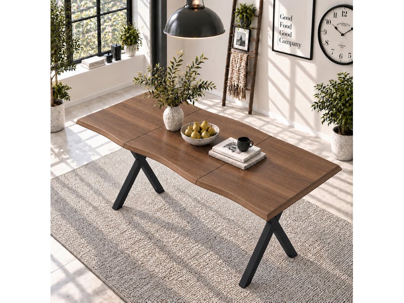  Table de salle à manger 160 x 78 cm, 4 à 6 places, plateau mdf bois foncé et pieds x en fer, style industriel  - Conforama E