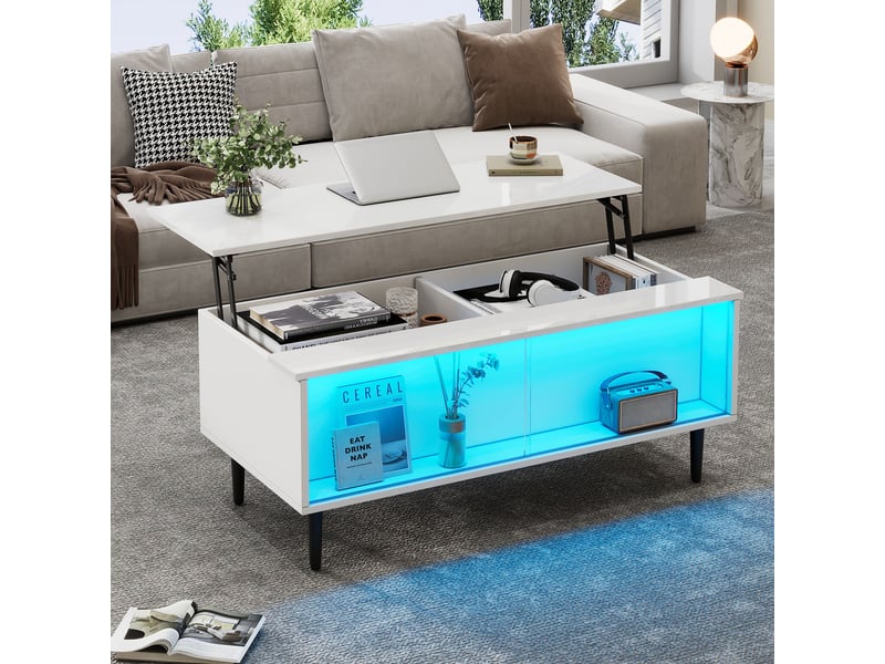 Table basse relevable 105x50 cm avec rangement caché, table basse led blanche brillante, portes en verre trempé - Conforama R