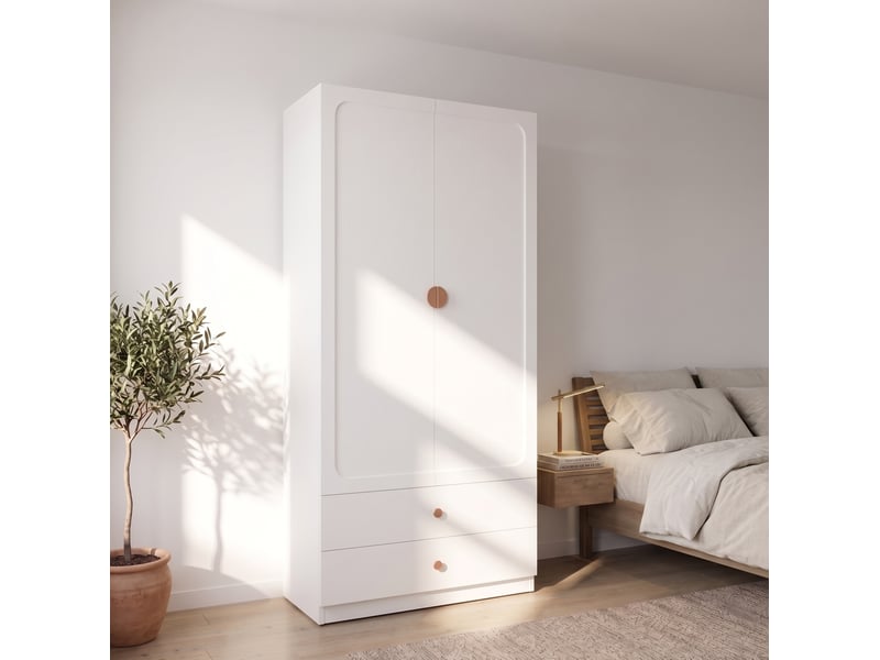  Armoire 2 portes avec 2 tiroirs, penderie et étagère haute pour chambre, mdf et bois massif, blanc, 90 × 45 × 200 cm  - Conforama B