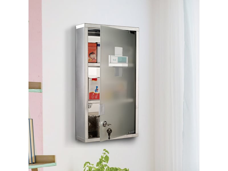  Armoire à pharmacie en acier inoxydable pour le rangement des médicaments, verrouillable, à 3 compartiments, porte vitrée, 25 x 12 x 48 cm, argent  - Conforama C