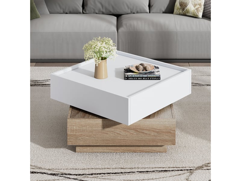  Table basse pivotante 360 carrée 60x60cm, table de salon avec 2 tiroirs, blanc et noyer  - Conforama C