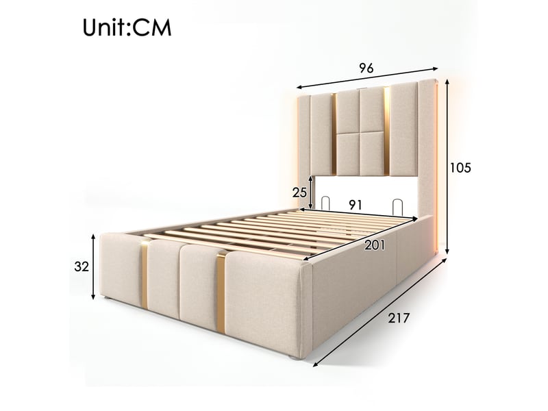  Lit simple 90x200 cm avec rangement, led et usb type-c, revêtement en lin beige avec matelas  - Conforama C