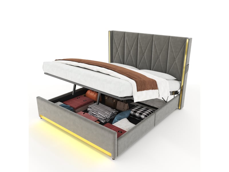 Lit coffre double 180×200 cm avec usb, type-c et led réglable - okmyhome- velours gris foncé, sans matelas - Conforama A
