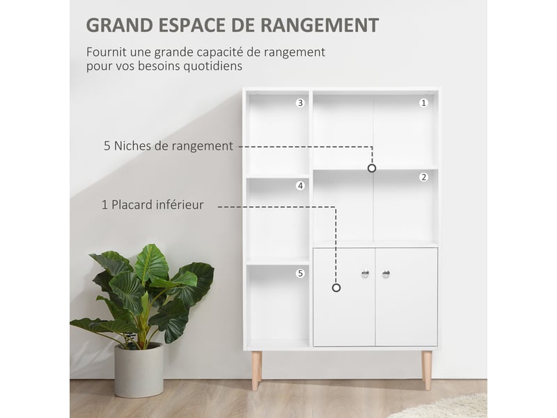  Bibliothèque 5 niches et placard 2 portes blanc 80 x 23,5 x 123 cm  - Conforama D