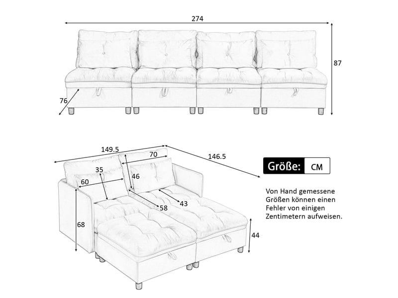  Canapé modulaire 4 places convertible avec coffres et 8 coussins, en chenille gris antique, 274 × 76 × 87 cm  - Conforama D