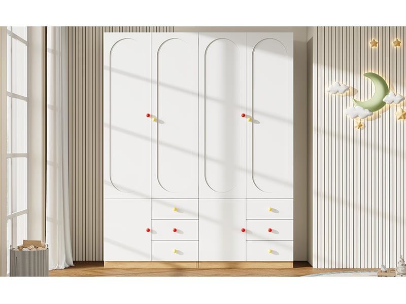  Armoire enfant 2 portes avec tiroirs, tringle, poignées céramique colorées, blanc, finition laquée  - Conforama D