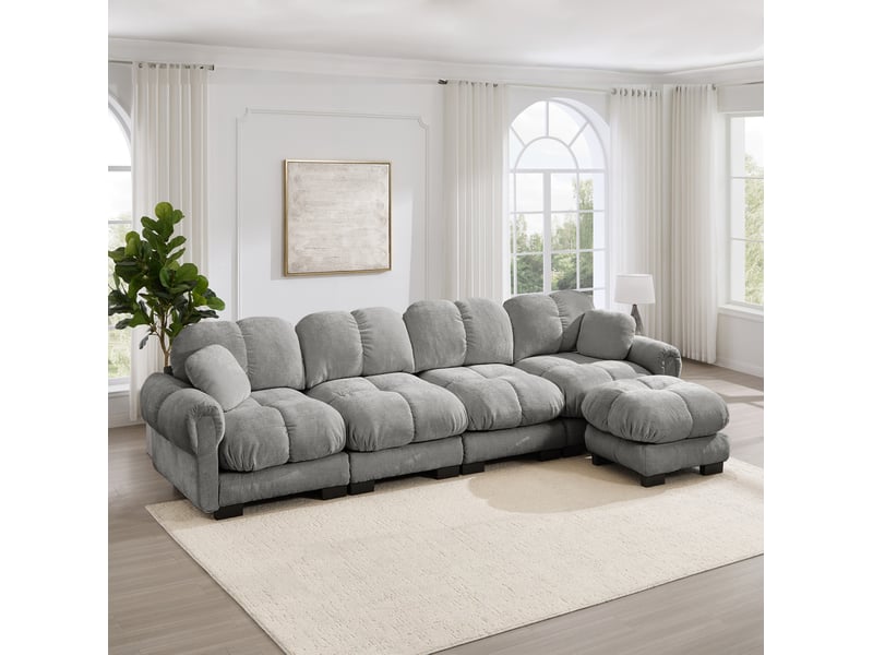  Canapé d'angle modulable 4 places modenvie en chenille avec pouf mobile, gris clair, 330 x 149 x 90 cm  - Conforama E