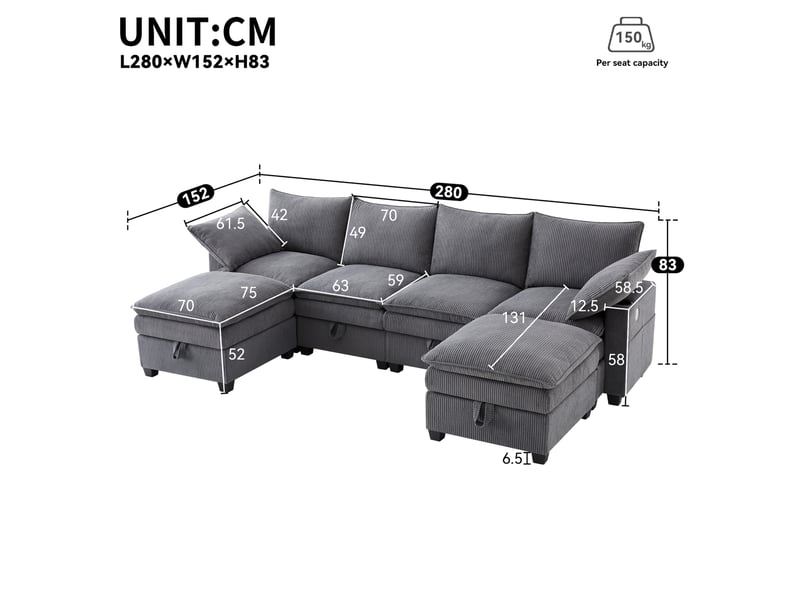  Canapé modulaire 5 à 6 places en velours côtelé gris avec rangements, ports usb et repose-pieds amovibles  - Conforama E