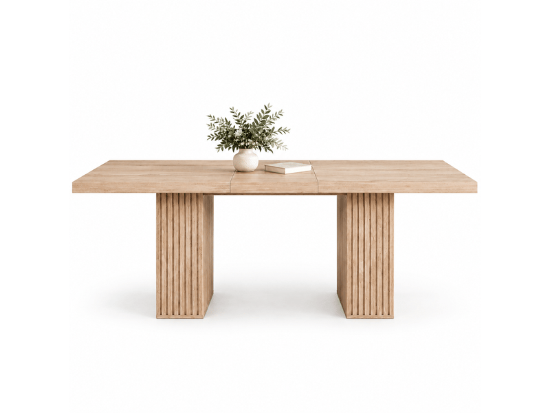 Table à manger extensible 150-190x90x75cm pour 6 à 8 personnes, rallonge, rangements dans le piètement, plateau épais, style scandinave, chêne - Conforama A