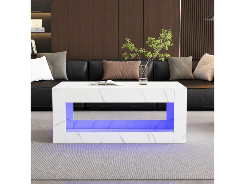  Table basse led blanche, effet marbre brillant, rangement ouvert, 100 x 50 x 50 cm, blanc  - Conforama B