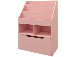 Bibliothèque enfant rose, tiroir, 3 étagères et 2 niches ouvertes, rangement, 60x29,9x90 cm