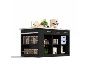 Îlot de cuisine avec table escamotable, îlot central noir et blanc en mdf, plateau effet marbre blanc, rangements intégrés, 150x90x90 cm
