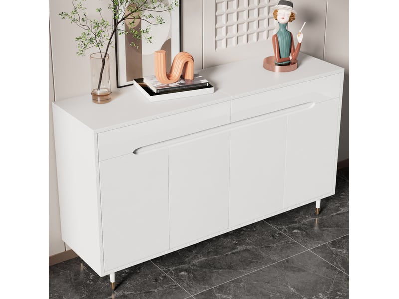  Meuble à chaussures ulevr avec rangement 18 à 24 paires, 140 x 39 x 84 cm, 2 portes, 2 tiroirs, étagères réglables, blanc et pieds dorés  - Conforama B
