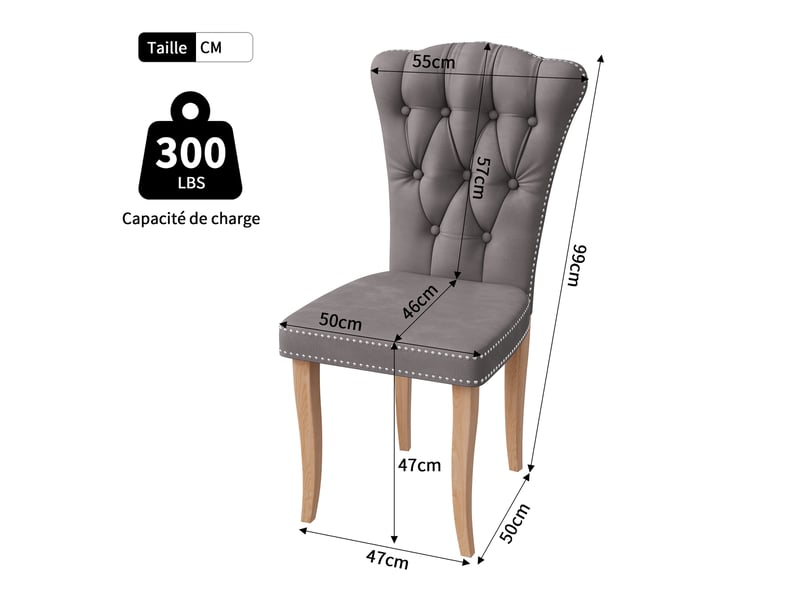  Lot de 2 chaises salle à manger,chaises de cuisine, dossier clouté,pieds en bois,rembourrée,50x47x99 cm,velours,gris  - Conforama C