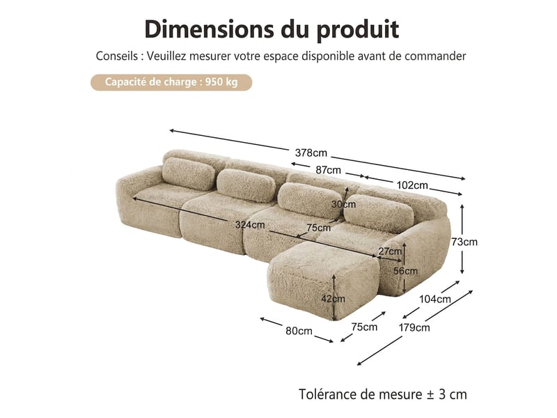 Canapé d'angle modulable 4 places sans montage 378x179 cm avec méridienne et coussins - Conforama C