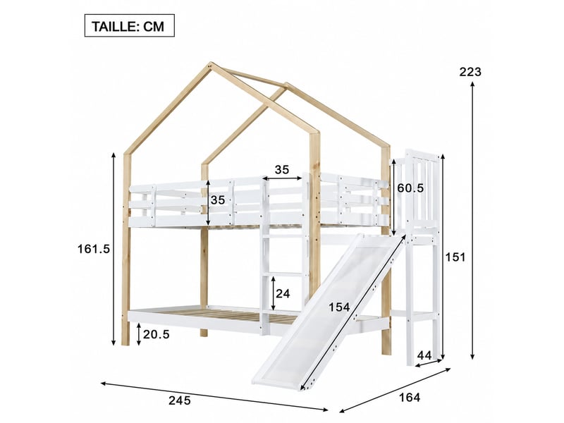  Lit superposé enfant, lit 2 places avec toboggan, échelle, 2 tiroirs et barrières, 200x90 cm, sans matelas  - Conforama D