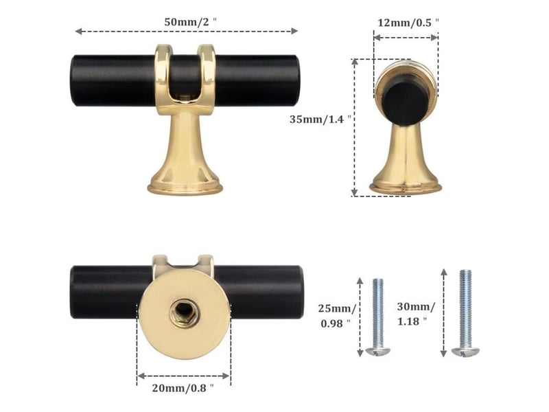  Lot de 10 boutons de tiroir monotrou en t, alliage de zinc, noir avec base dorée  - Conforama B
