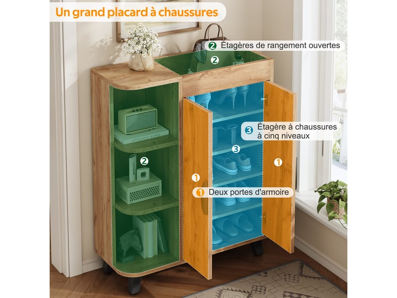  Meuble à chaussures 80x32x99 cm, 2 portes et niches ouvertes, format étroit, rangement pratique pour entrée et couloir - naturel  - Conforama E