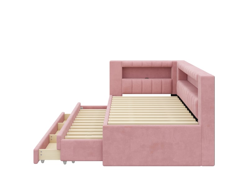 Lit tiroir gigogne 90x200 cm, 3 tiroirs, led 7 couleurs, ports usb, tissu lin blanc, sans matelas - Conforama D