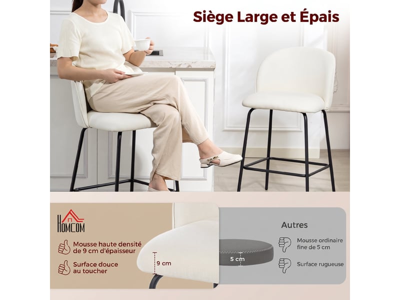 Lot de 2 tabourets de bar, chaises de bar, repose-pieds et dossier, tissu effet lin, hauteur d'assise 68cm, crème  - Conforama D