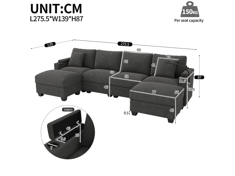 Canapé panoramique en u modulaire avec fonction convertible, ports usb et support smartphone, en velours côtelé gris - Conforama E