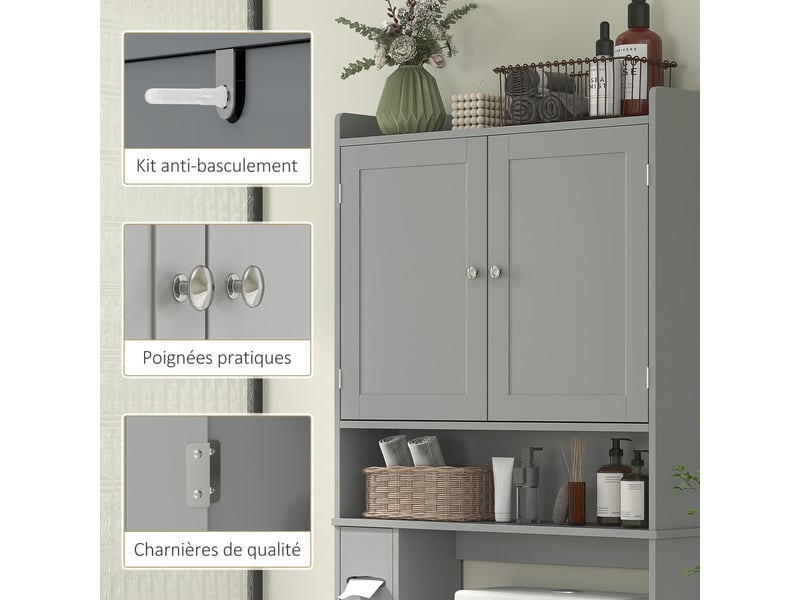 Meuble wc dessus de toilette ou machine à laver, 2 portes, 3 compartiments, porte-papier toilette, gris, 80x19,5x170cm - Conforama R