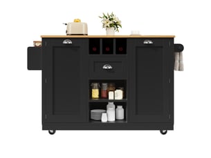 Îlot de cuisine noir avec plateau pliable 140x70 cm, desserte sur roulettes avec porte-bouteilles intégré et porte-serviettes latéral