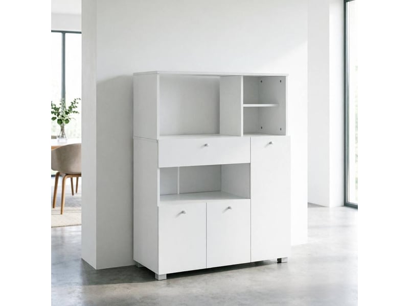  Meuble de rangement de cuisine blanc 90 x 40 x 120 cm avec niches ouvertes, tiroir et 3 portes  - Conforama C