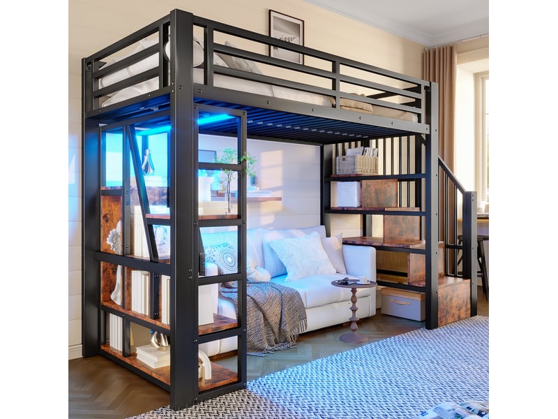  Lit mezzanine enfant 90x200 cm avec rangements, led, échelle et garde-corps noir  - Conforama B