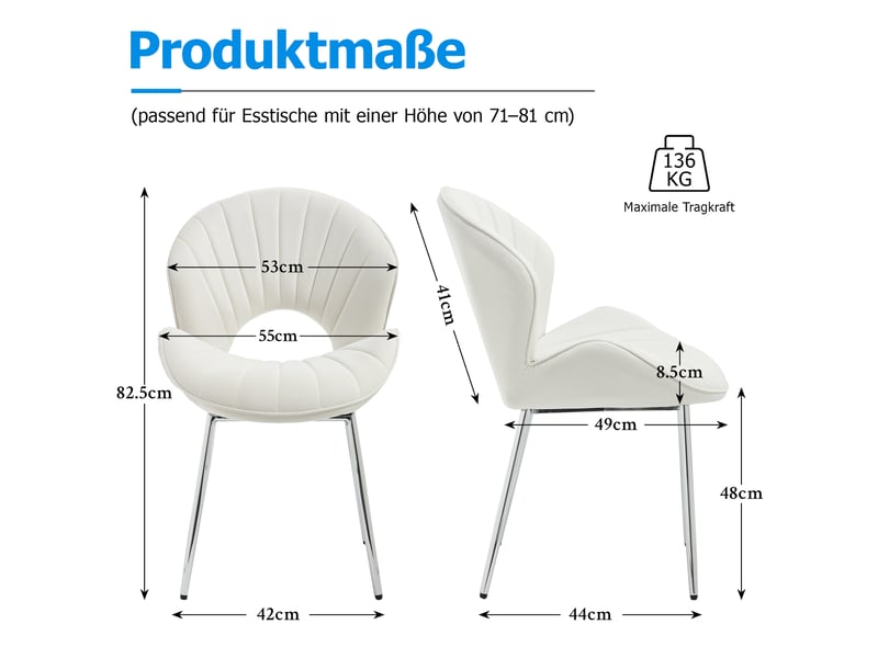  Chaises de salle à manger lot de 2 à dossier évidé  - pieds métal antidérapants, velours ivoire  - Conforama D