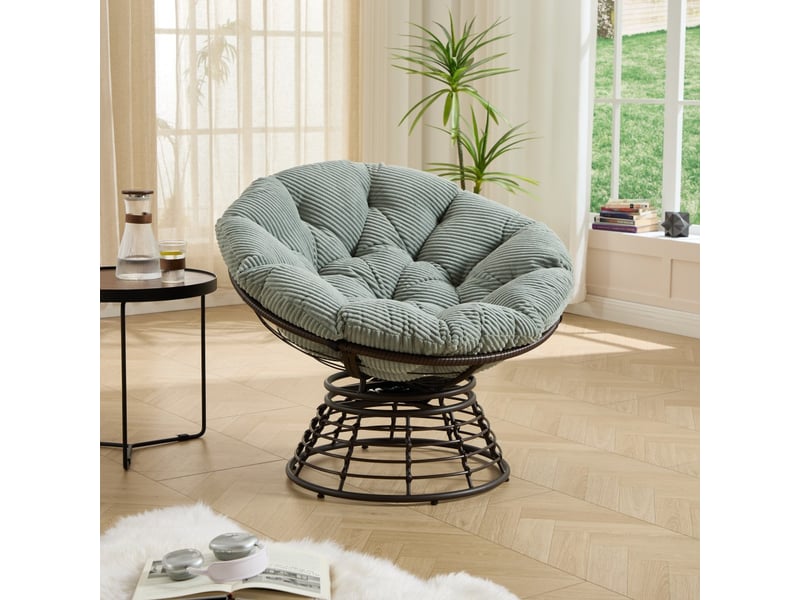  Fauteuil papasan pivotant à 360° en résine tressée - 92x92x67cm - coussin épais velours côtelé confortable - marron et vert  - Conforama D