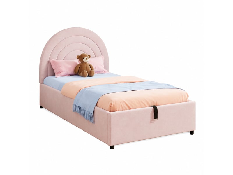  Lit coffre simple 200×90 cm avec rangement hydraulique et tête de lit rembourrée, sans matelas, en velours rose  - Conforama A