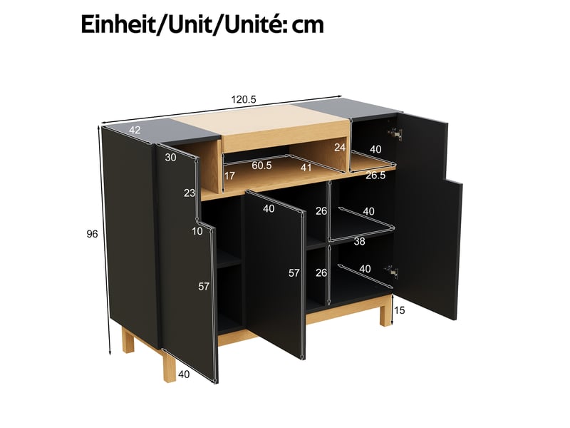 Buffet noir à 3 portes et niche ouverte 120,5 x 42 x 96 cm - Conforama E