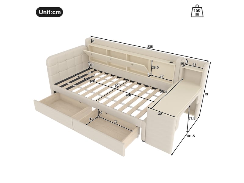  Lit simple 90x200 cm avec 2 tiroirs, bureau et ports usb et usb type c en lin beige  - Conforama E