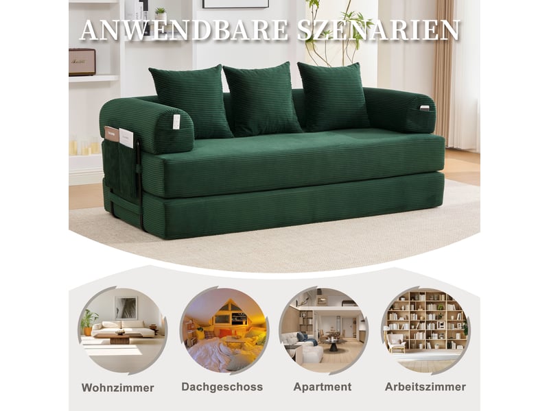 Canapé droit 200 x 94 x 67 cm avec structure en métal, poches latérales, 3 coussins et assise compressée, velours côtelé, vert Morn Vibe - Conforama E