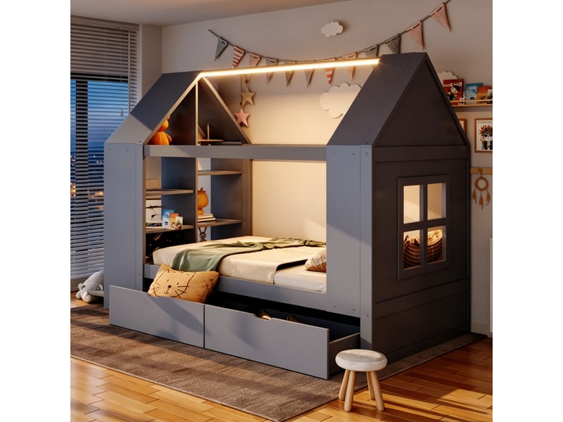  Lit cabane 90x200 cm, lit enfant, 2 tiroirs, led, bois gris, forme maison  - Conforama E