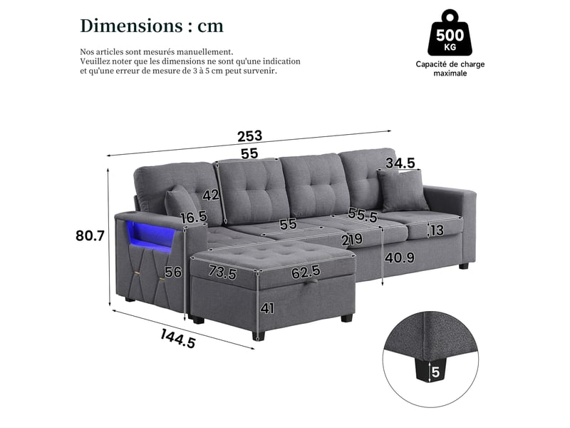  Canapé d'angle modulable 4 places avec pouf coffre, led et ports usb type-c en tissu gris antique  - Conforama C