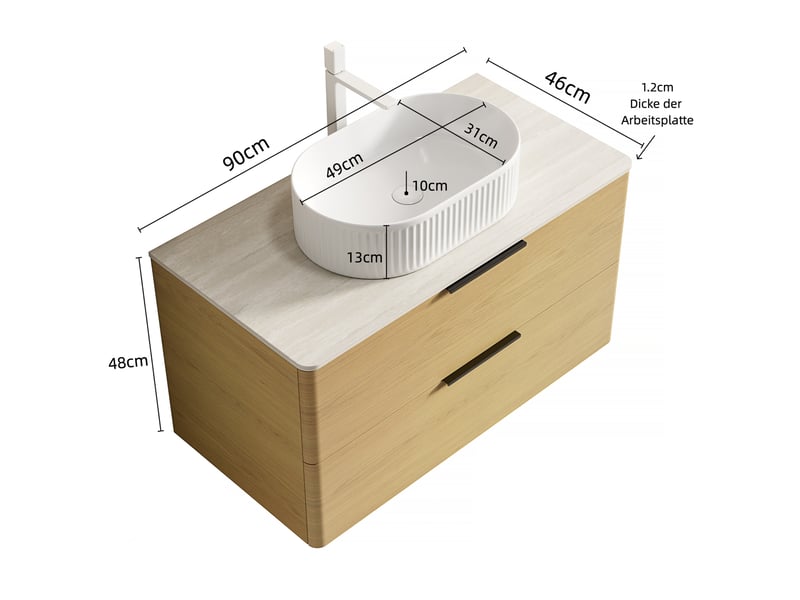 Meuble sous vasque suspendu avec 2 tiroirs, vasque ovale et plan en pierre frittée pour salle de bain 90 × 46 × 62,2 cm - Conforama C