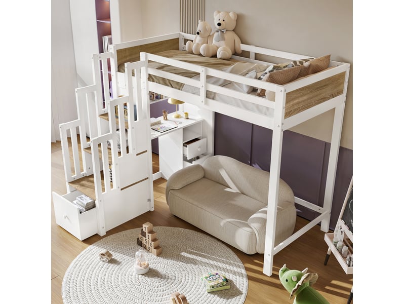  Lit mezzanine enfant 90 × 200 cm 1 place avec bureau, tiroirs et étagères, sans matelas, bois blanc et naturel  - Conforama B
