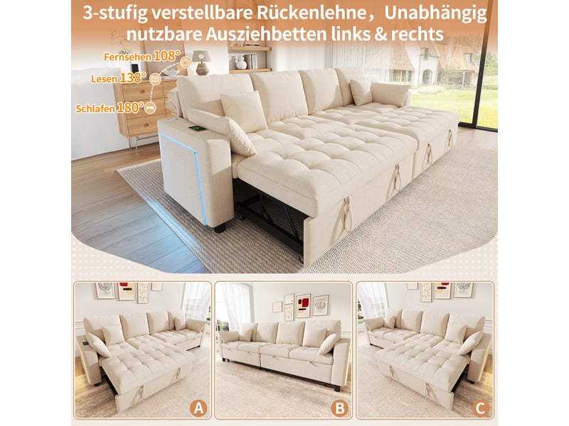 Canapé d’angle convertible,262,5x140x89 cm,4 places avec led et usb,chenille,beige - Conforama D