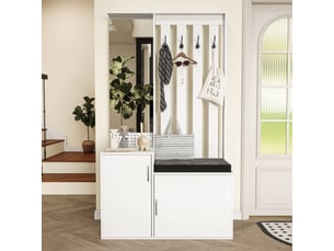 Vestiaire d'entrée - 100x40x180cm - meuble d'entrée tout-en-un avec miroir, banc, patères & armoire à chaussures - blanc
